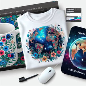 Sublimated Floral Mug, Galaxy T-shirt, Vintage World Map Mousepad