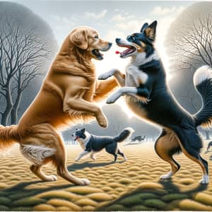 Playful Golden Retriever and Border Collie Dogs in Park