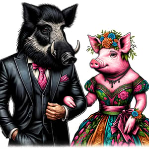 Masculine Black Wild Boar Holds Distraught Pink Pig in Vibrant Dress