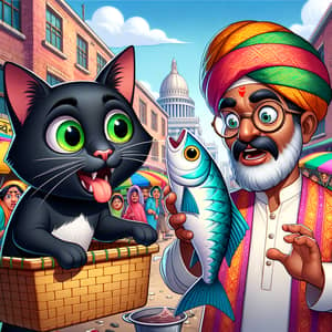 Humorous Cartoon Scene: Black Cat and Fish Vendor Interaction