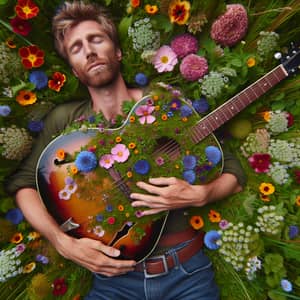 Nature Harmony | Vibrant Field Rock Musician with Guitar