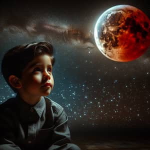 Young Hispanic Boy Gazing at Radiant Blood Moon in Star-Studded Sky