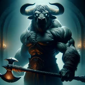 High-Resolution Minotaur with Glowing Axe Art in Dimly Lit Dungeon