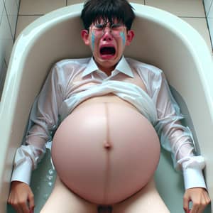 Teenage Korean Boy with Bloated Belly in Bathtub