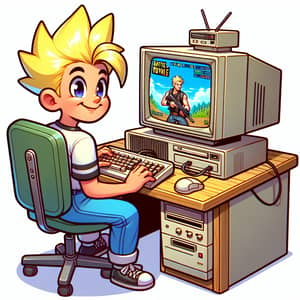 Nostalgic Cartoon Boy in Vintage Gaming Scene | Online Battle Royale