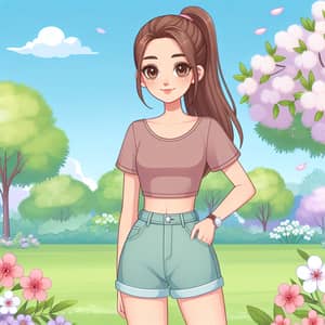 Young Woman Standing in Park with Blooming Flowers | Website Name