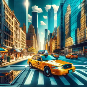 Vibrant Yellow Taxi Cab in Bustling City | Modern Skyscrapers