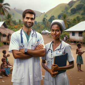 Melanesian Male Doctor & Female Nurse in Papua New Guinea Village Hospital