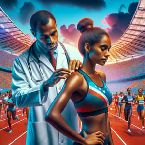 Sports Medicine Doctor Caring for Melanin-Rich Track Athlete at Pacific Games