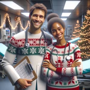 Male Doctor and Female Nurse in Festive Sweaters - Emergency Department Scene