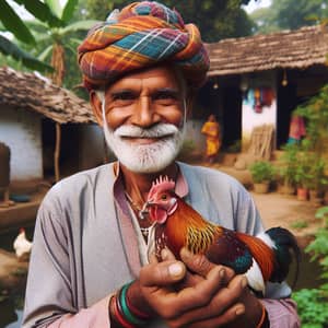 Indian Man Holding Hen in Colorful Turban and Kurta