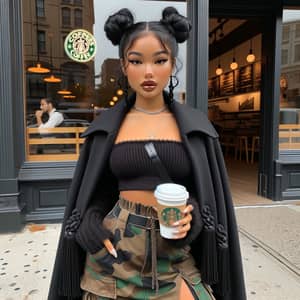 Stylish Curvy Blasian Woman in Black Tassel Cape Coat at Starbucks