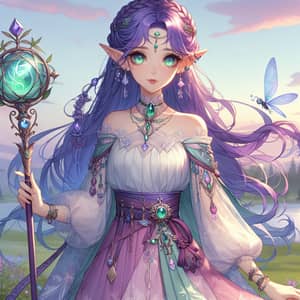 Fantasy Elf Character With Purple Hair | Enchanting Meadow Scene