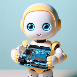 Child-like Robot Holding Arduino Board in White, Yellow, and Blue