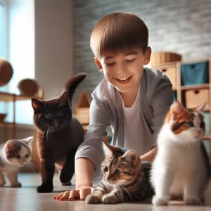 Young Boy Playing with Three Cats | Heartwarming Scene