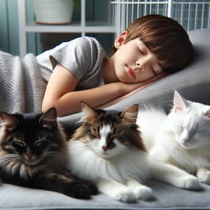 Young Caucasian Boy Sleeping with Three Cats | Peaceful Nap Scene