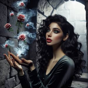 Enchanting Middle-Eastern Witch Casting Magical Spell with Smoke Flowers
