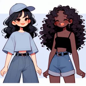 Anime Girl with Black Wavy Hair in Light Blue T-shirt | Best Friends