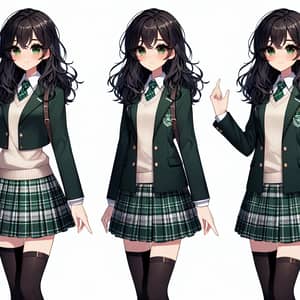 Anime Girl with Black Wavy Hair in Dark Green School Uniform