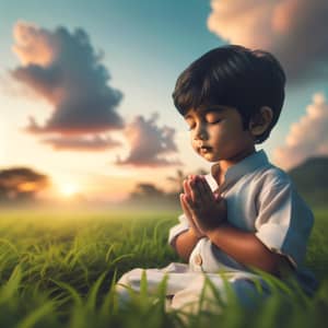 Peaceful South Asian Boy Praying on Green Grass Under Sunset Sky