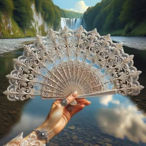 Elegant Lace Fan Held by a Woman by the River | Exquisite Jewelry