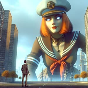 Colossal Female Sailor Towering Over City Landscape
