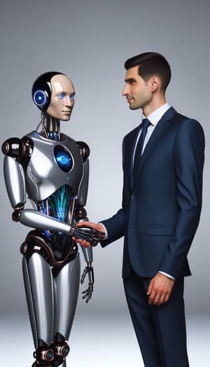 Professional Attorney and AI Robot Shaking Hands | Partnership Symbol