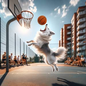 Energetic White Border Collie Playing Basketball