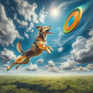 Playful Dog Catching Frisbee: Energetic Outdoor Scene