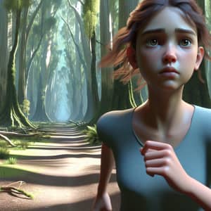 3D Picture of a Worried But Determined 12-Year-Old Girl Running Through Forest