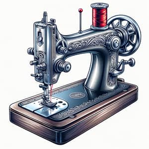 Classic Sewing Machine Illustration in Steely Silver with Vibrant Red Thread