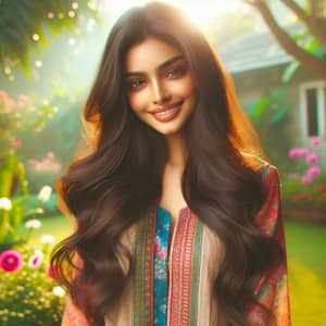 Captivating South Asian Girl in Serene Flower Garden