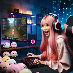 Asian Female Streamer with Pink Hair Playing Video Game
