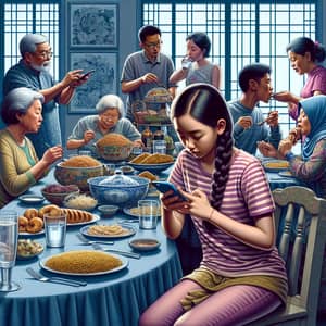 Family Dinner Scene Illustration with Modern Distraction