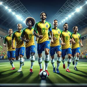 Diverse Football Team Representing Brazil on Modern Field