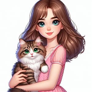 Young Girl with Tabby Cat - Loving Bond Illustration