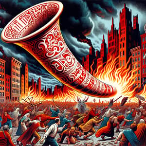 Dramatic Blowing Horn Scene: Intricate Red Runic Engravings & Flaming Buildings