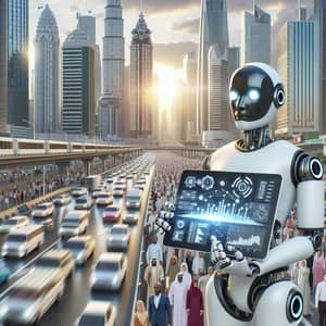 Future Cityscape with Advanced Humanoid Robot and Data Tablet