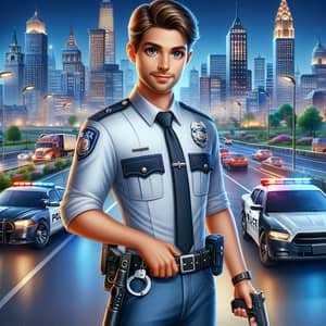 Male Police Officer in Urban Setting | City Law Enforcement Scene