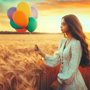 Dreamy Countryside Scene: Young Hispanic Girl with Colorful Balloon