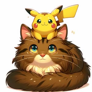 Coffee-Colored Cat with Pikachu: Adorable Illustration