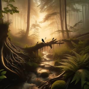 Golden Morning in Enchanted Forest - Tranquil Nature Scene