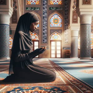 Black Muslim Woman in Serene Prayer at Decorated Mosque