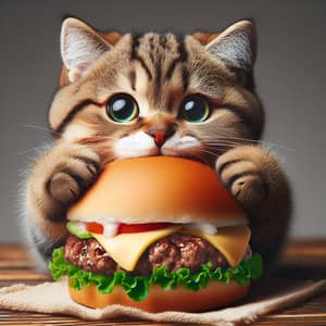Adorable Tabby Cat Eating Hamburger