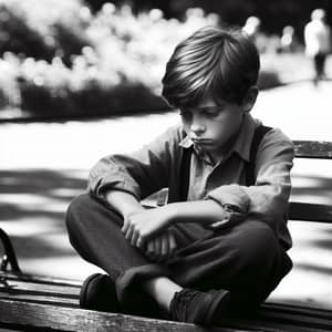 Youthful Heartache: Melancholic Boy on Wooden Bench in Empty Park