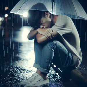 Emotional Young Asian Male Pop Star Alone in Rain at Night