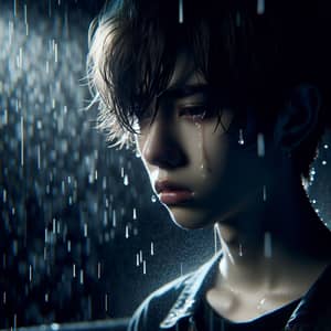 Melancholic East Asian Male Vocalist in Heavy Rain