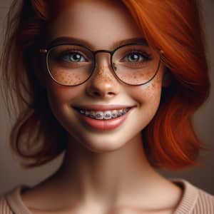 Distinctive British Teenage Girl with Red Hair, Freckles, Braces