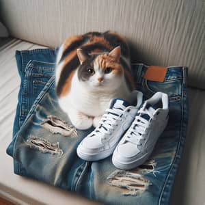Chubby Calico Cat on Faded Denim Jeans and Sneakers