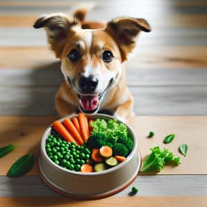 Happy Medium-Sized Dog Eating Fresh Vegetables